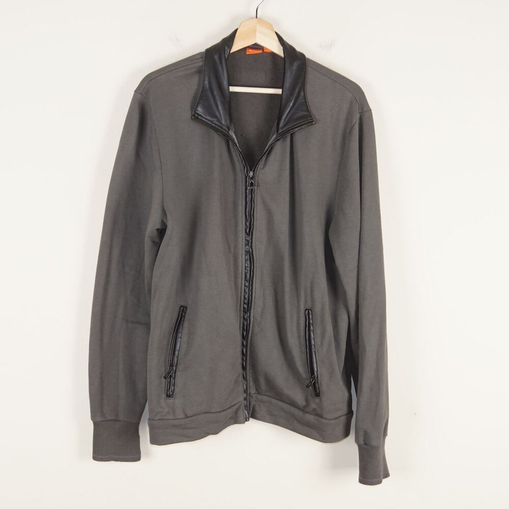 Hugo Boss Orange Label Full Zip Leather Detail Collar Terry Cotton Sweater Sz XL